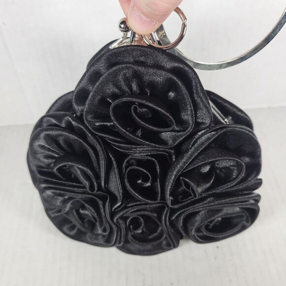 Black Satin Rose Classic Elegant Rhinestone Silver Handle Triangle Clutch Purse - Picture 5 of 8